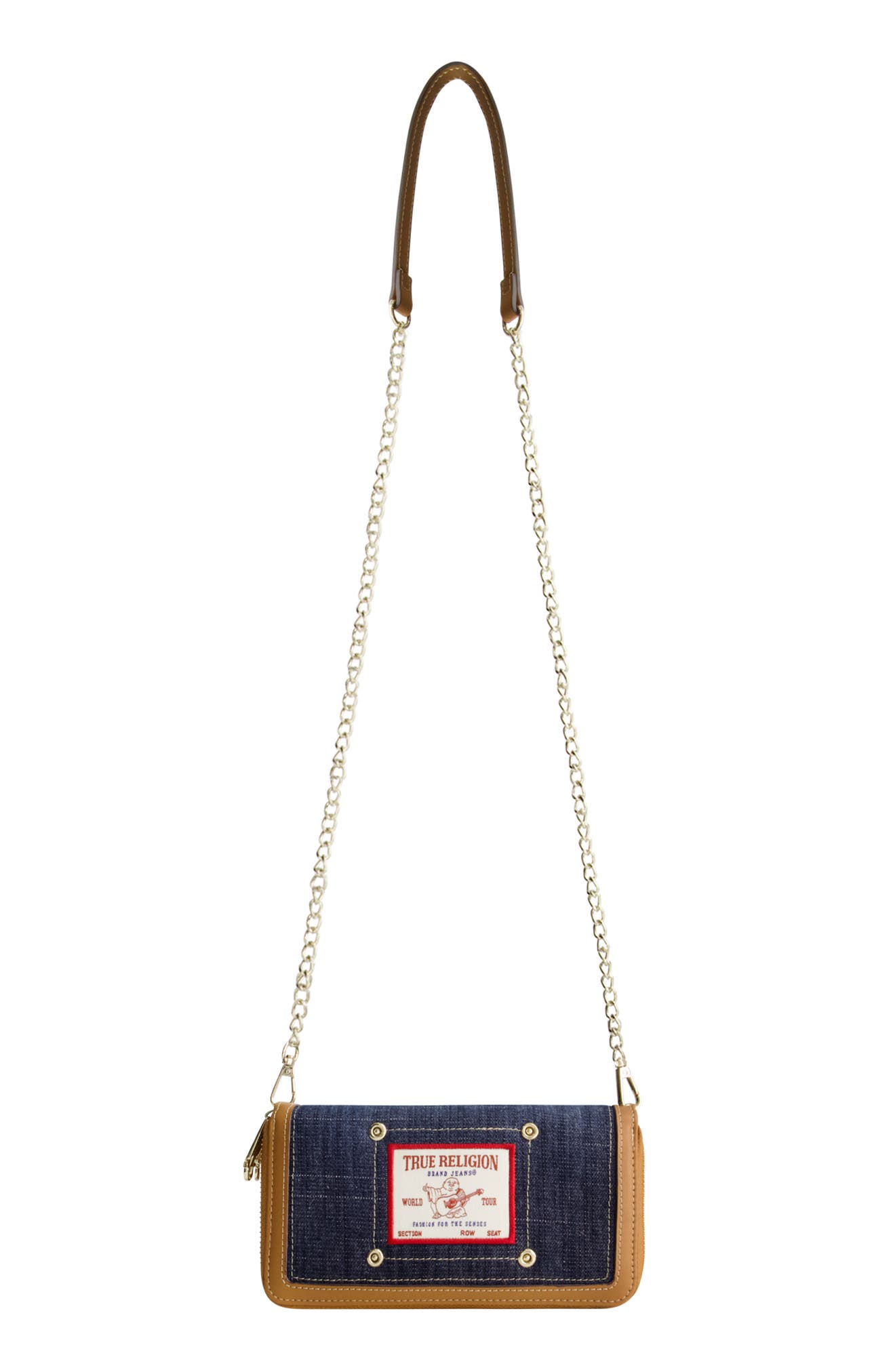 Buddha Patch Double Zip Chain Wallet, Main, color, DARK DENIM