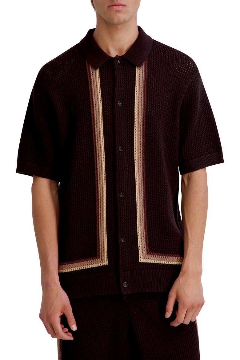 Knit Stripe Short Sleeve Button-Up Shirt, Main, color, BROWN