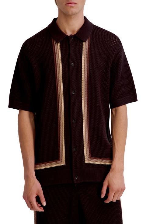 Knit Stripe Short Sleeve Button-Up Shirt