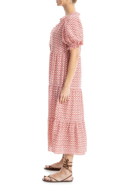 Max Studio Puff Sleeve Tiered Midi Dress In Red/crm Chnml Geo