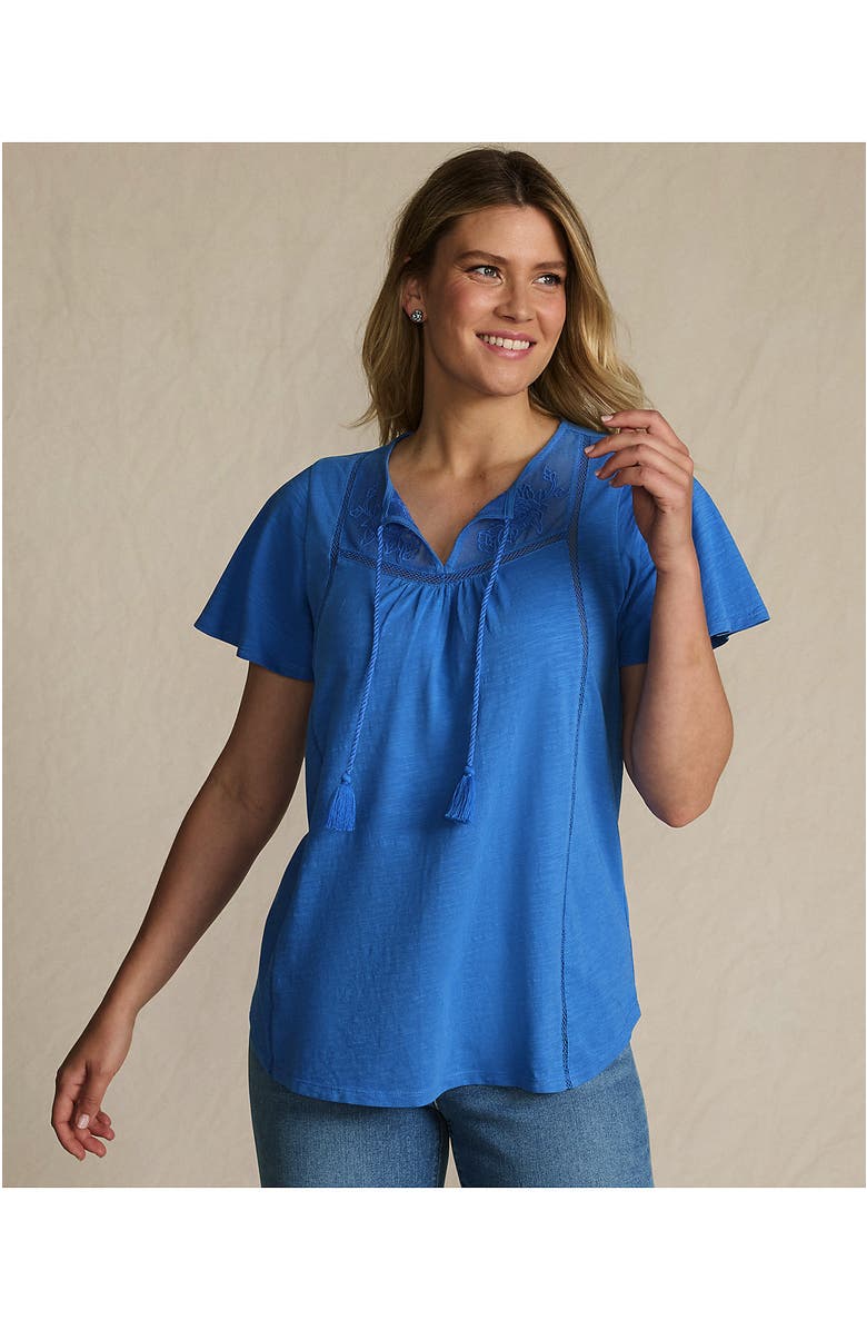 Lands' End Slub Flutter Sleeve Lace Trim Notch Neck Tunic Top, Alternate, color, Muted Cobalt Blue