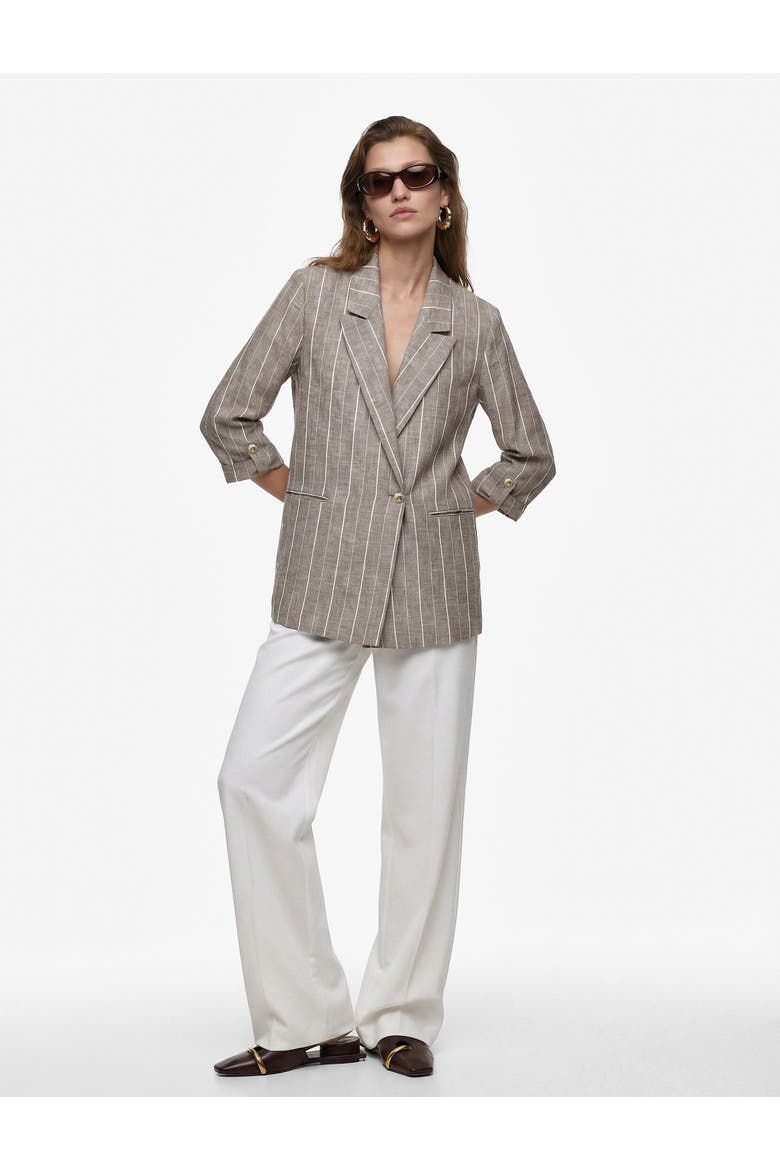 Linen Blend Pinstriped Blazer with Tab Sleeves, Main, color, BROWN STRIPE