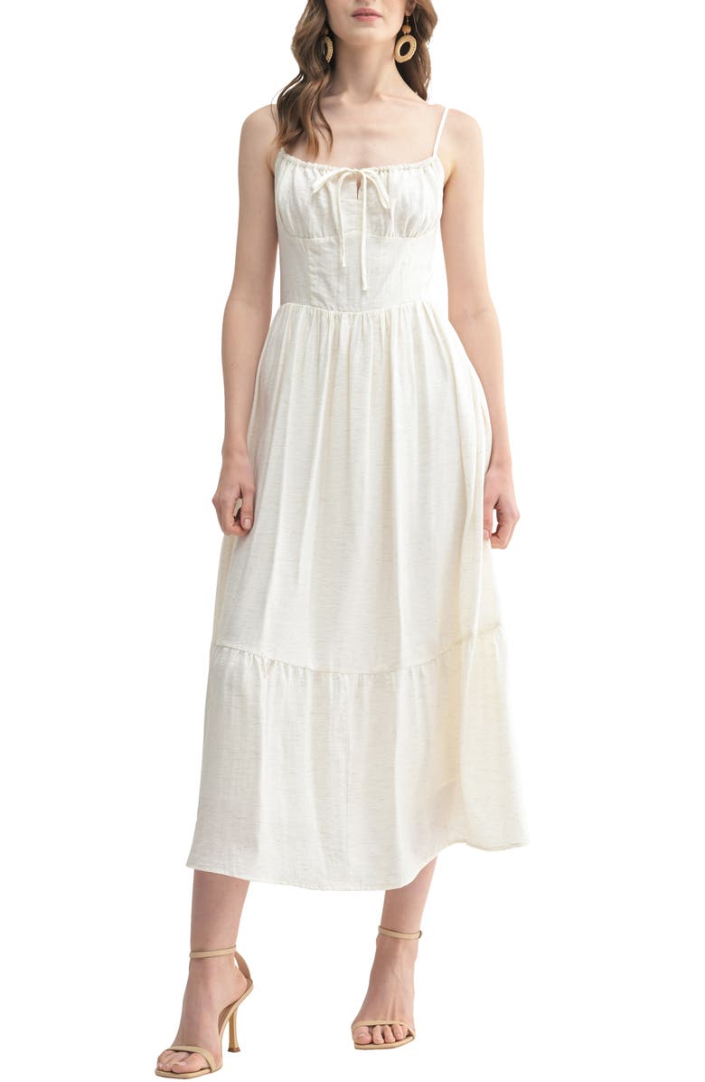 All in Favor Corset Bodice Textured Midi Dress, Main, color, Ivory