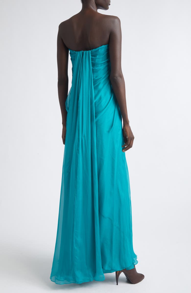 McQueen Draped Strapless Silk Chiffon Gown, Alternate, color, Peacock