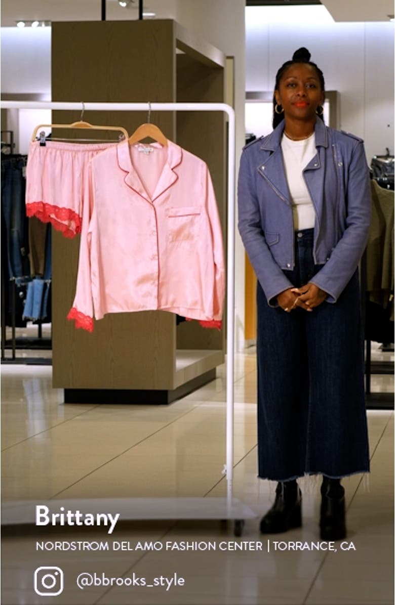 Felicity Lace Trim Long Sleeve Satin Shorts Pajamas, sales video thumbnail