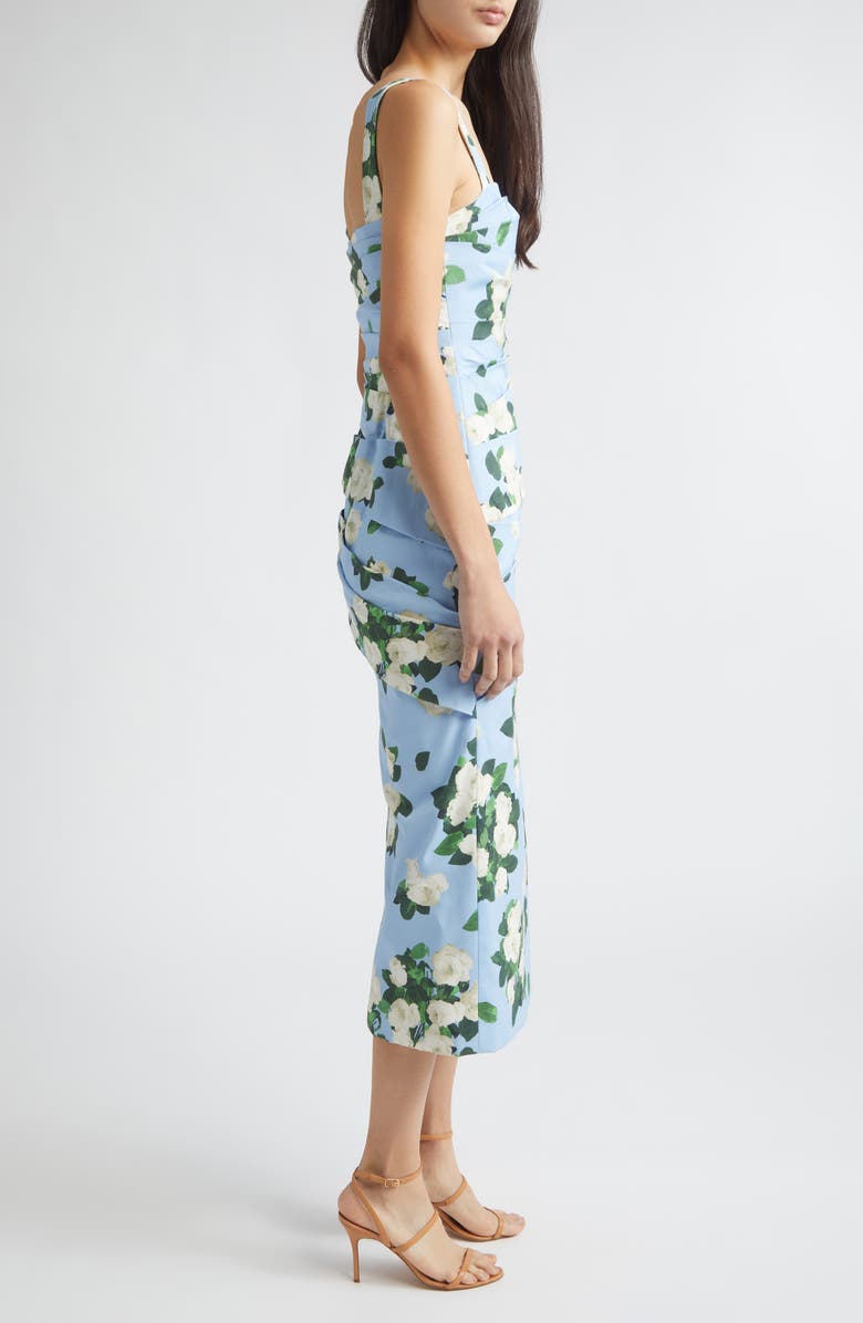 Carolina Herrera Rose Print Pleated Faille Midi Dress, Alternate, color, Cloudy Blue Multi