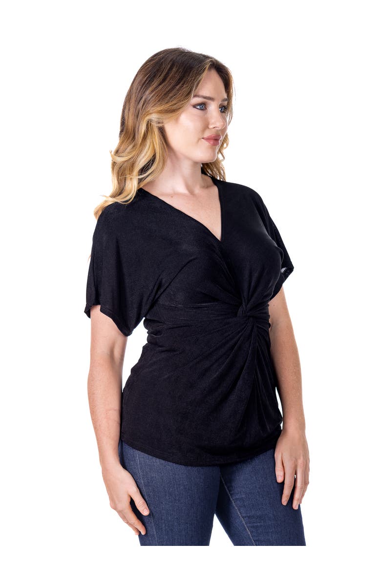 24seven Comfort Apparel Petites V-Neck Knot Front Kimono Sleeve Top, Alternate, color, Black