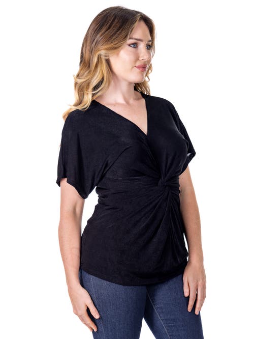24seven Comfort Apparel Petites V-neck Knot Front Kimono Sleeve Top In Black