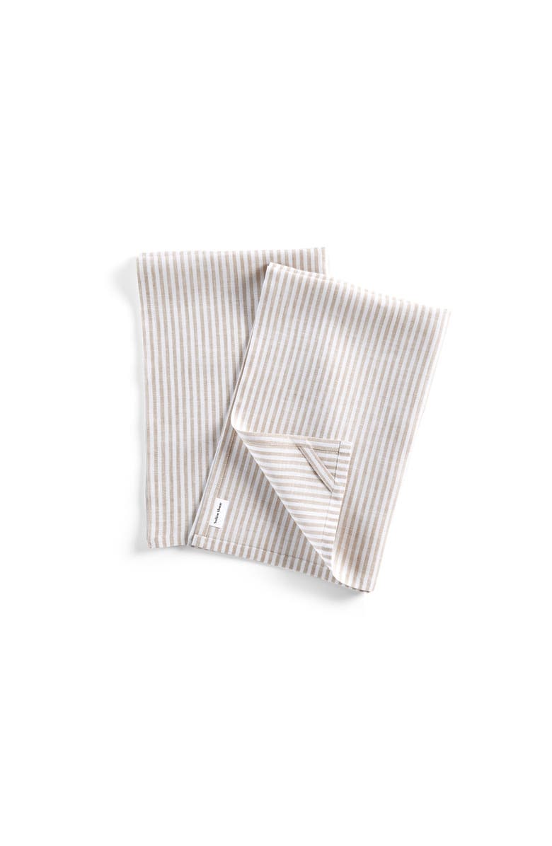 Solino Home Linen Kitchen Towels Set of 2, 17 x 26 Inch for Dining Table, Holiday and Everyday Table Decor - Narrow Stripe, Alternate, color, Natural And White