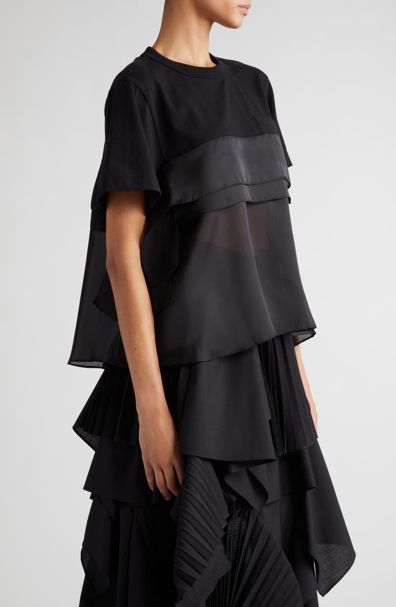 Sacai Tiered Mixed Media Satin & Cotton Jersey T-Shirt, Alternate, color,