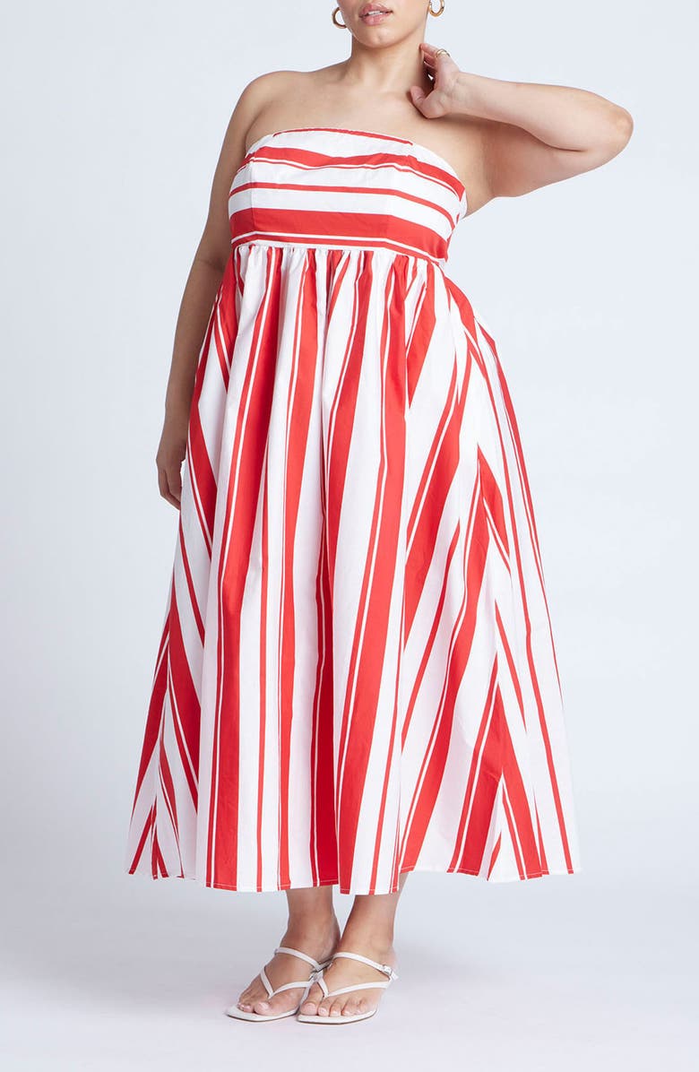 ELOQUII Stripe Strapless Cotton Poplin Fit & Flare Maxi Dress, Main, color,
