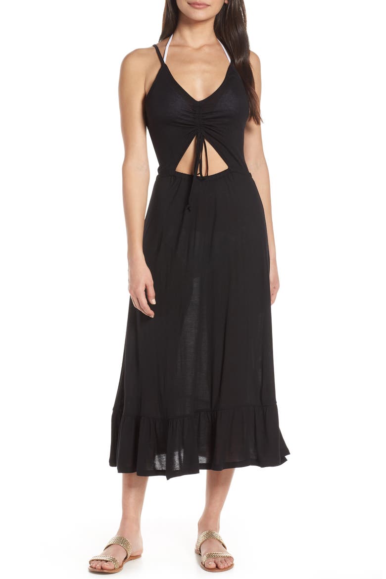 Breezy Cinch Front Cover-Up Dress, Main, color, BLACK