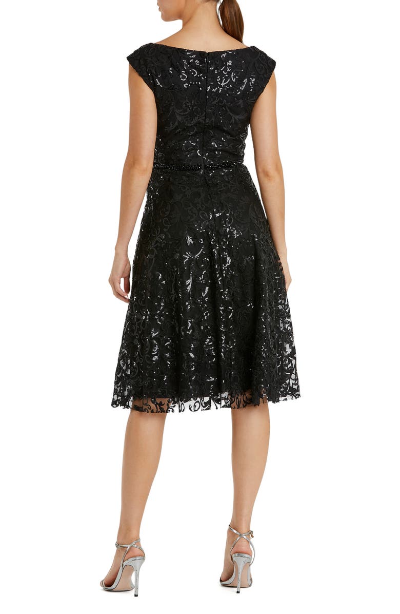 Mac Duggal Baroque Sequined V Neck Cap Sleeve Dress, Alternate, color, Black