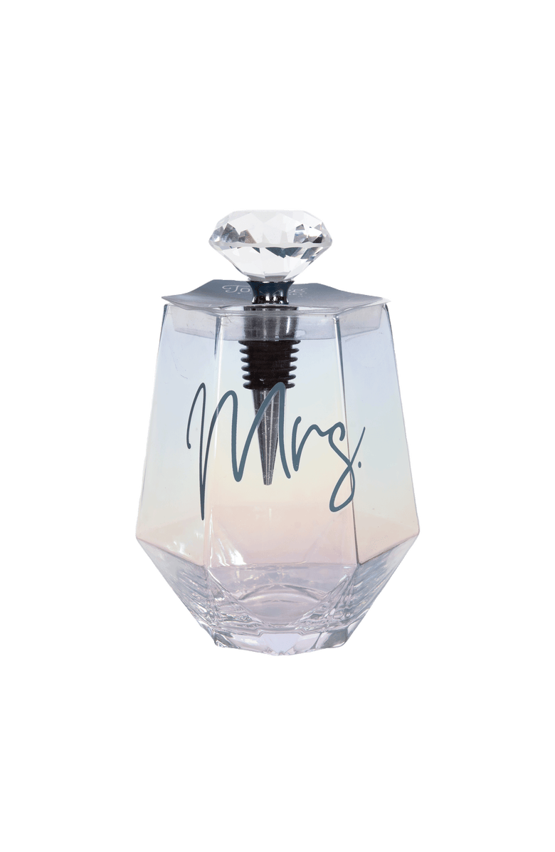 Totalee Gift Mrs. Wine Glass w/ Stopper Set of 2 Glass Clear 18 oz, Main, color, Clear