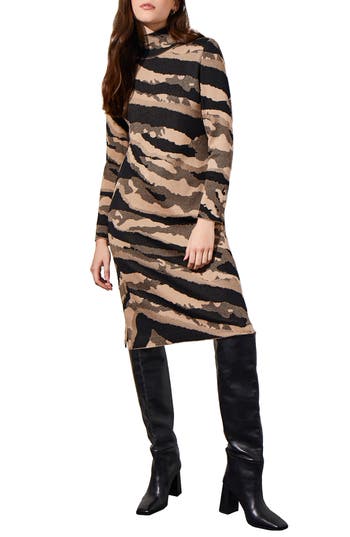 Ming Wang Animal Jacquard Long Sleeve Sweater Dress In Brown