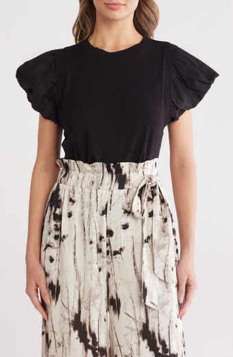 PATRIZIA LUCA Ruched Puff Sleeve Mixed Media T-Shirt