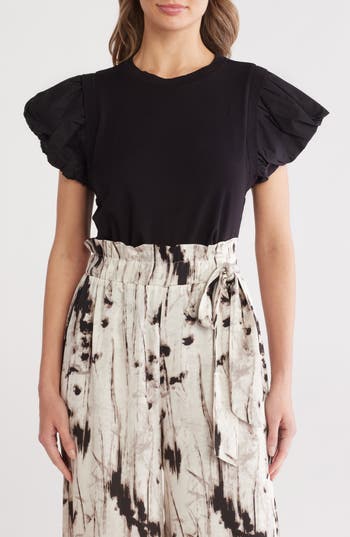 Patrizia Luca Ruched Puff Sleeve Mixed Media T-shirt In Black