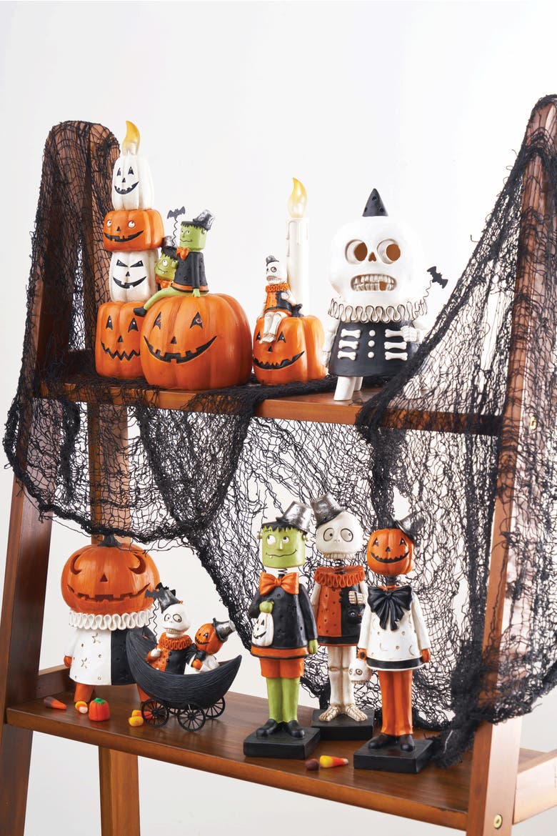 Skeleton Sitting on Jack O Lantern Candle Halloween LED Figurine, Alternate, color, Orange