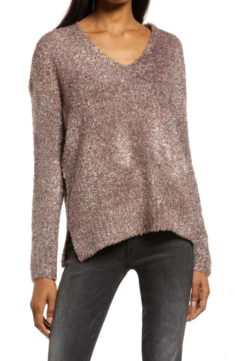 AllSaints Sparkle V-Neck Sweater, Main, color, 