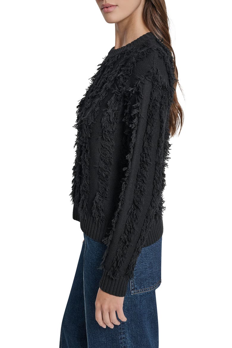 Fringed Cotton Blend Sweater, Alternate, color, BLACK