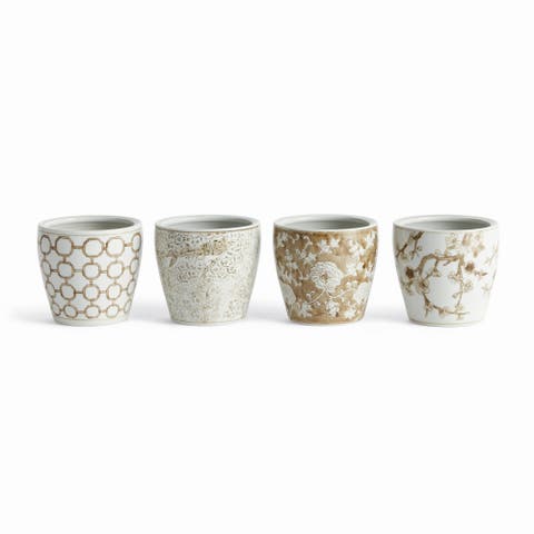 Brown & White Chinoiserie Planters Province Pots, Set of 4