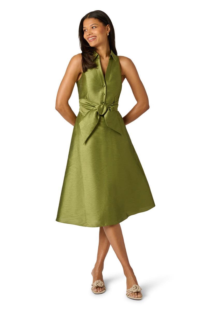 Adrianna Papell Sleeveless Tie Front Dupioni Midi Dress, Alternate, color, Olive