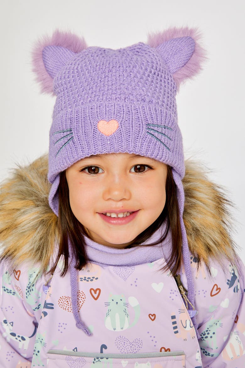 Winter Cat Ears Fleece-Lined Chin Tie Knit Hat, Alternate, color, Violet