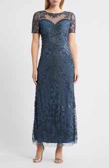 Illusion Beaded Mesh Column Gown