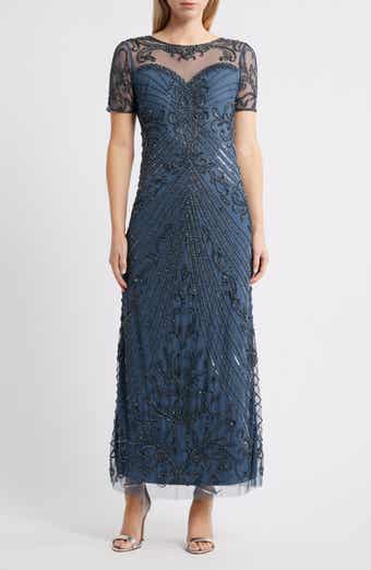 Illusion Beaded Mesh Column Gown