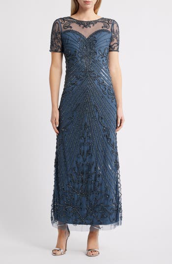 Pisarro Nights Women's Illusion Beaded Mesh Column Gown - Blue - Gowns Pisarro Nights Women's Illusion Beaded Mesh Column Gown - Blue - Gowns