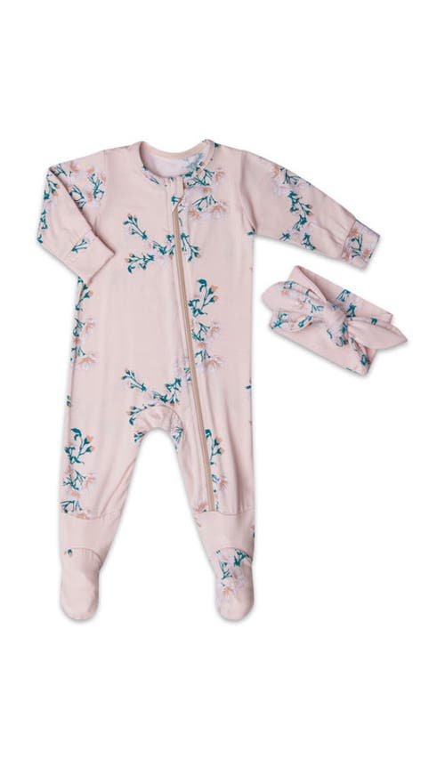 Everly Grey Jersey Long Sleeve Footie & Head Wrap Set In Pink