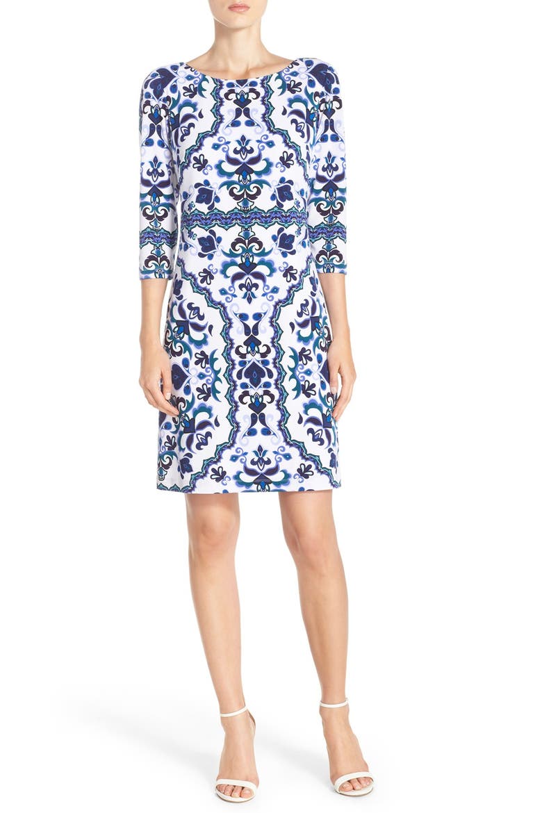 Print Crepe Shift Dress, Alternate, color, BLUE MULTI