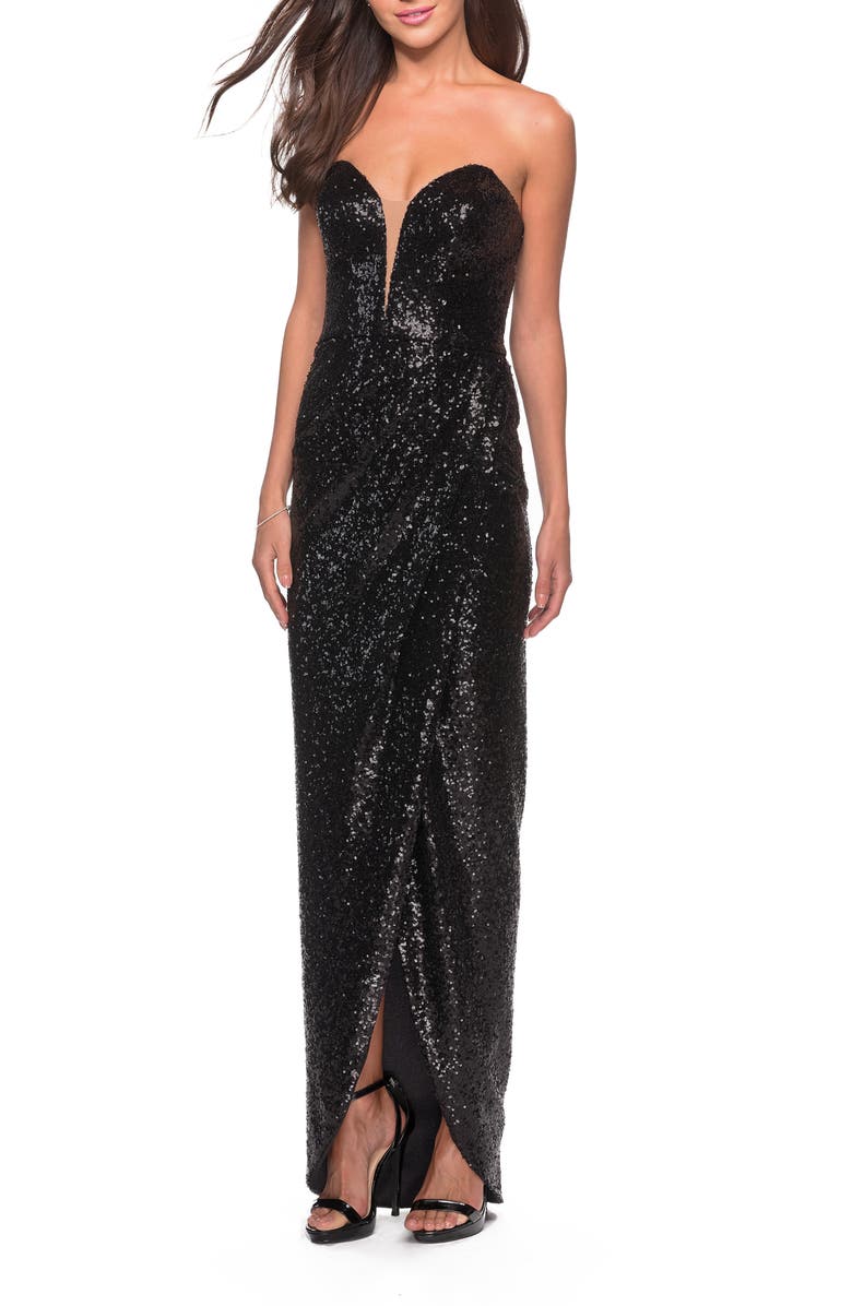 La Femme Sequin Strapless Ruched Gown, Main, color, 