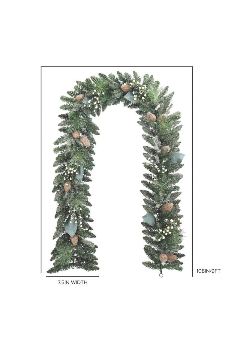 9' Flocked Woodland Pine & Berry Garland, Alternate, color, Green