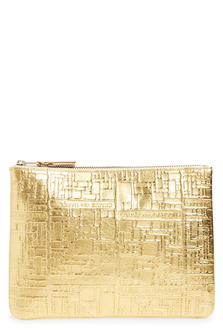 Embossed Logo Leather Pouch, Main, color, GOLD