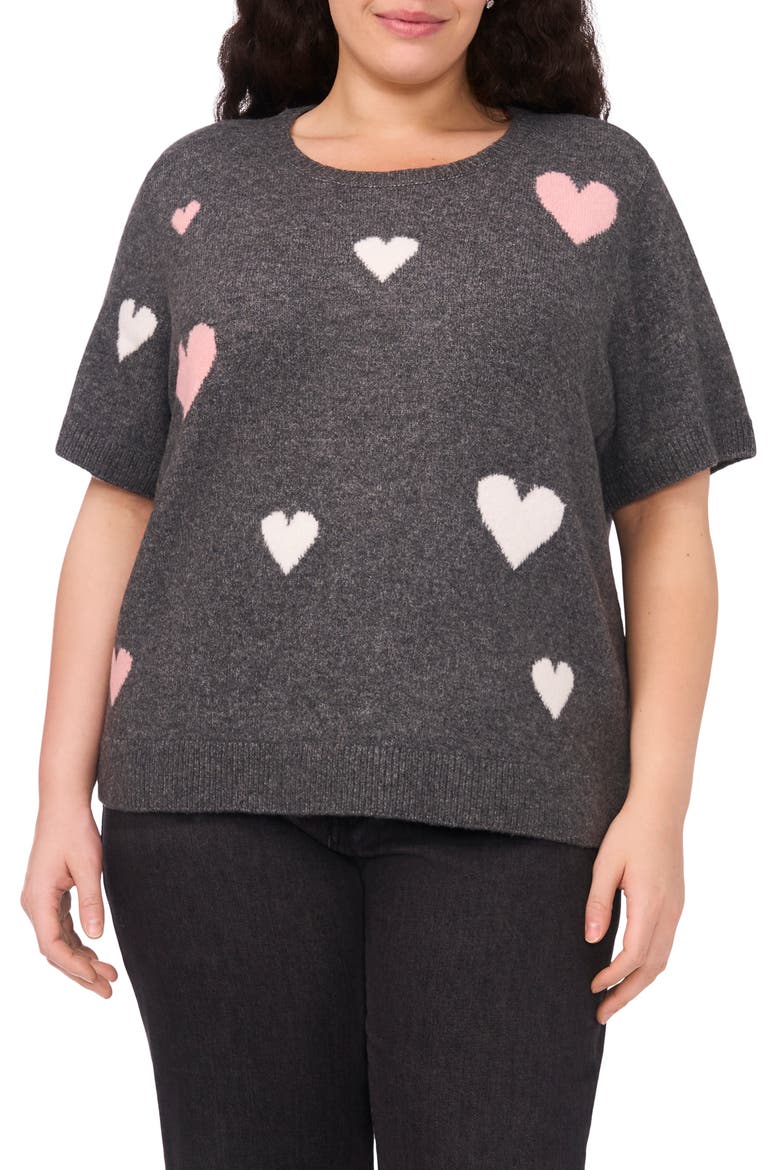 All Over Heart Short Sleeve Sweater, Main, color, MEDIUM HEATHER GREY
