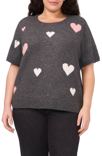 Cece All Over Heart Short Sleeve Sweater In Multi
