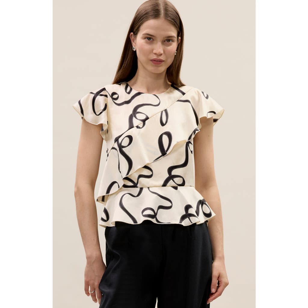 Rebecca Taylor Hollis Satin Top In Ribbon Print In White