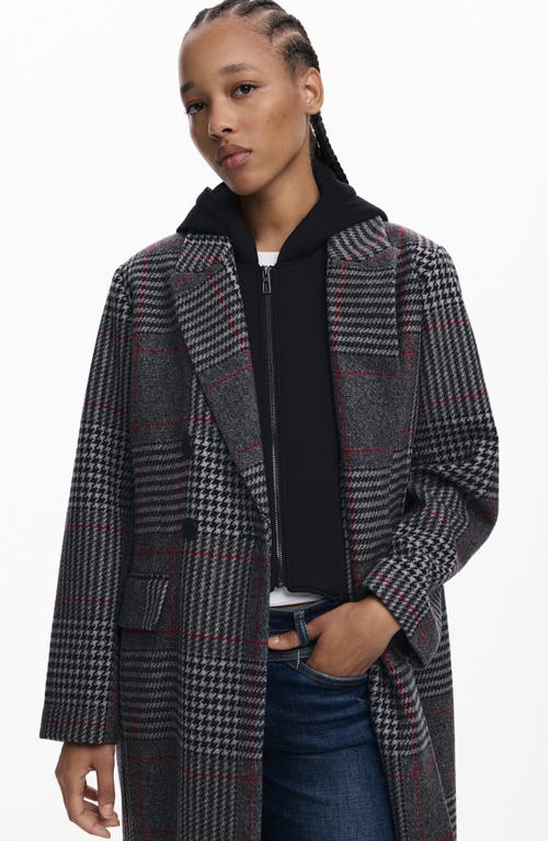Desigual Tartan Plaid Overcoat With Removable Hood Inset In Gray