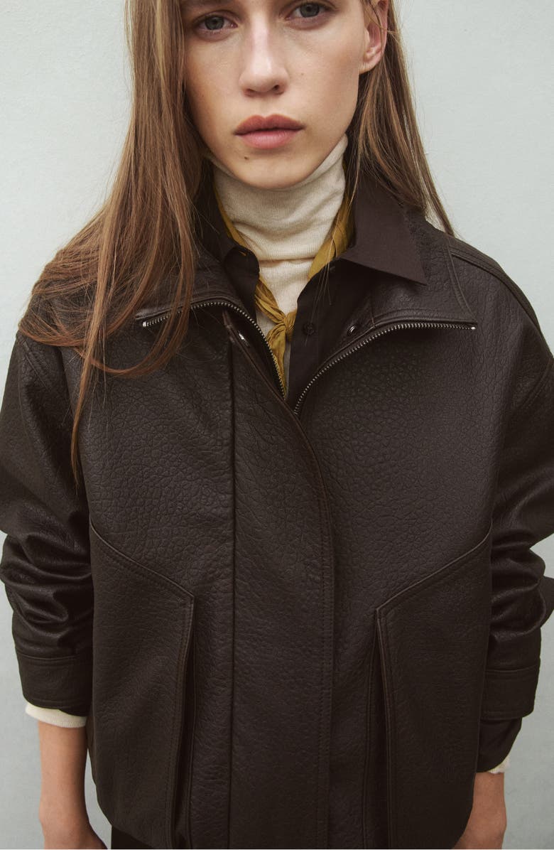 MANGO Oversize Leather Jacket, Alternate, color, Brown