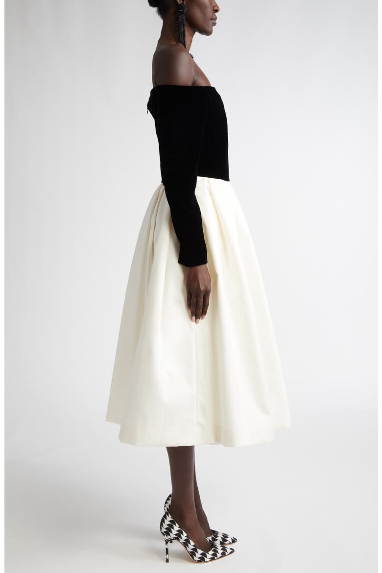 Off the Shoulder Long Sleeve Velvet & Satin Midi Dress, Alternate, color, BLACK/ WHITE