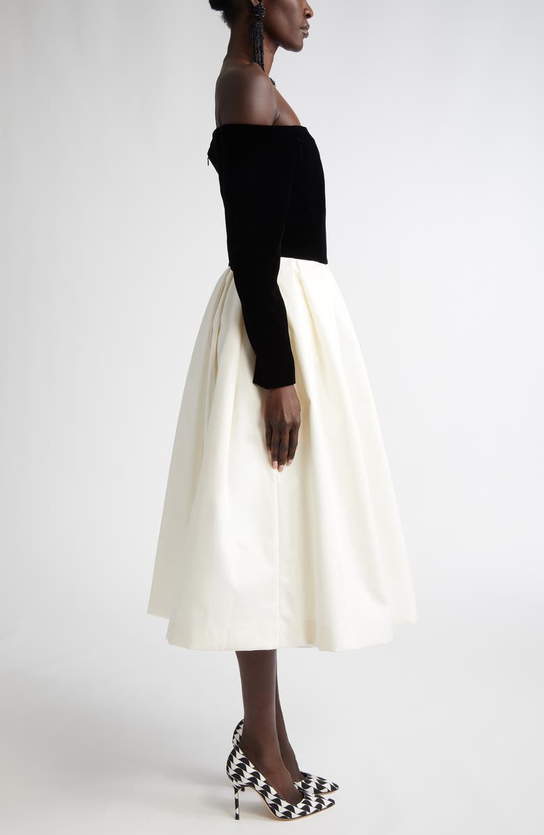 Carolina Herrera Off the Shoulder Long Sleeve Velvet & Satin Midi Dress, Alternate, color, Black/ White