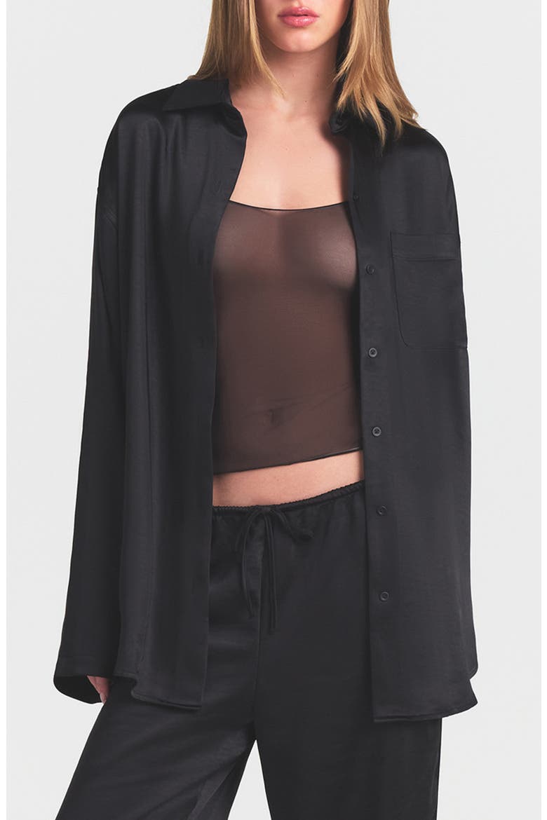 Lightweight Stretch Satin Button-Up Shirt, Main, color, OBSIDIAN