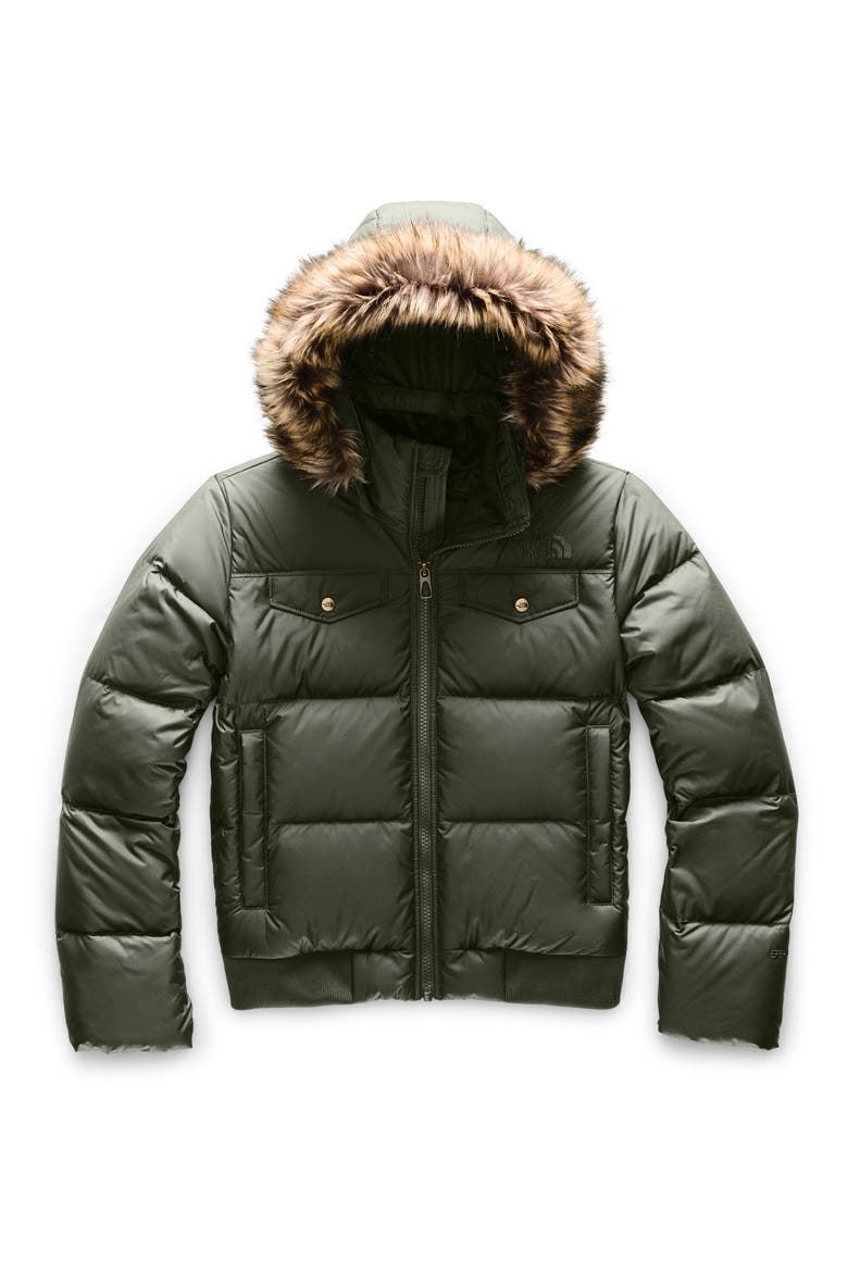 Gotham Water Resistant 550 Fill Power Down Jacket with Faux Fur Trim, Main, color, NEW TAUPE GREEN