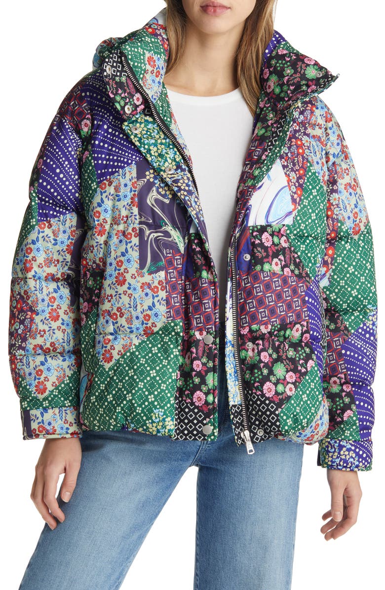 Avec Les Filles Patchwork Quilted Hooded Puffer Coat, Main, color, Multi Patchwork