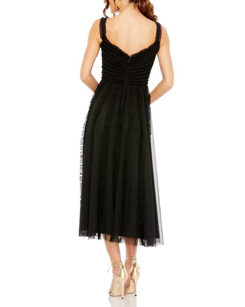 Mac Duggal Tulle V-neck Dress With Cascading Ruffles And Sleek Silhouette In Black