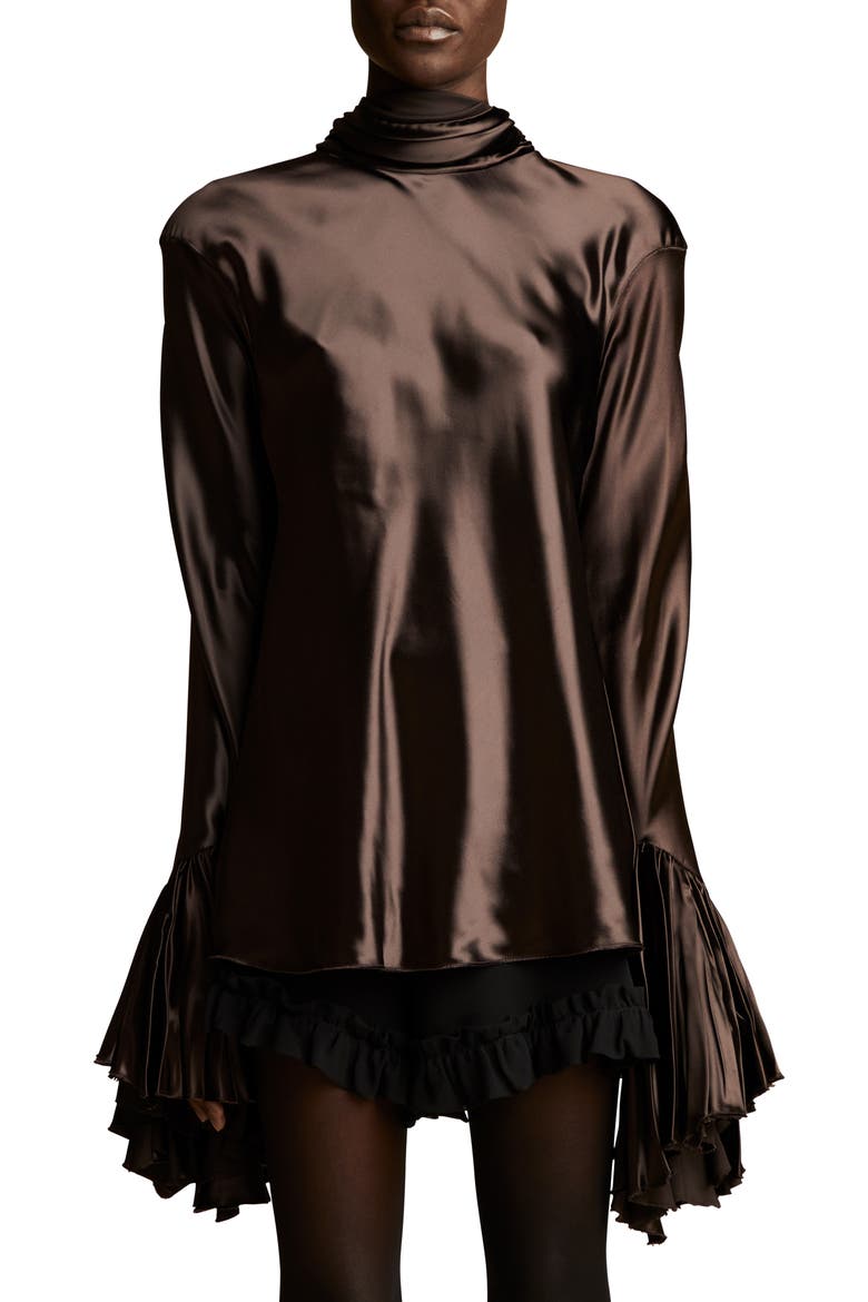 Amelia Ruffle Cuff Charmeuse Blouse, Main, color, DARK BROWN
