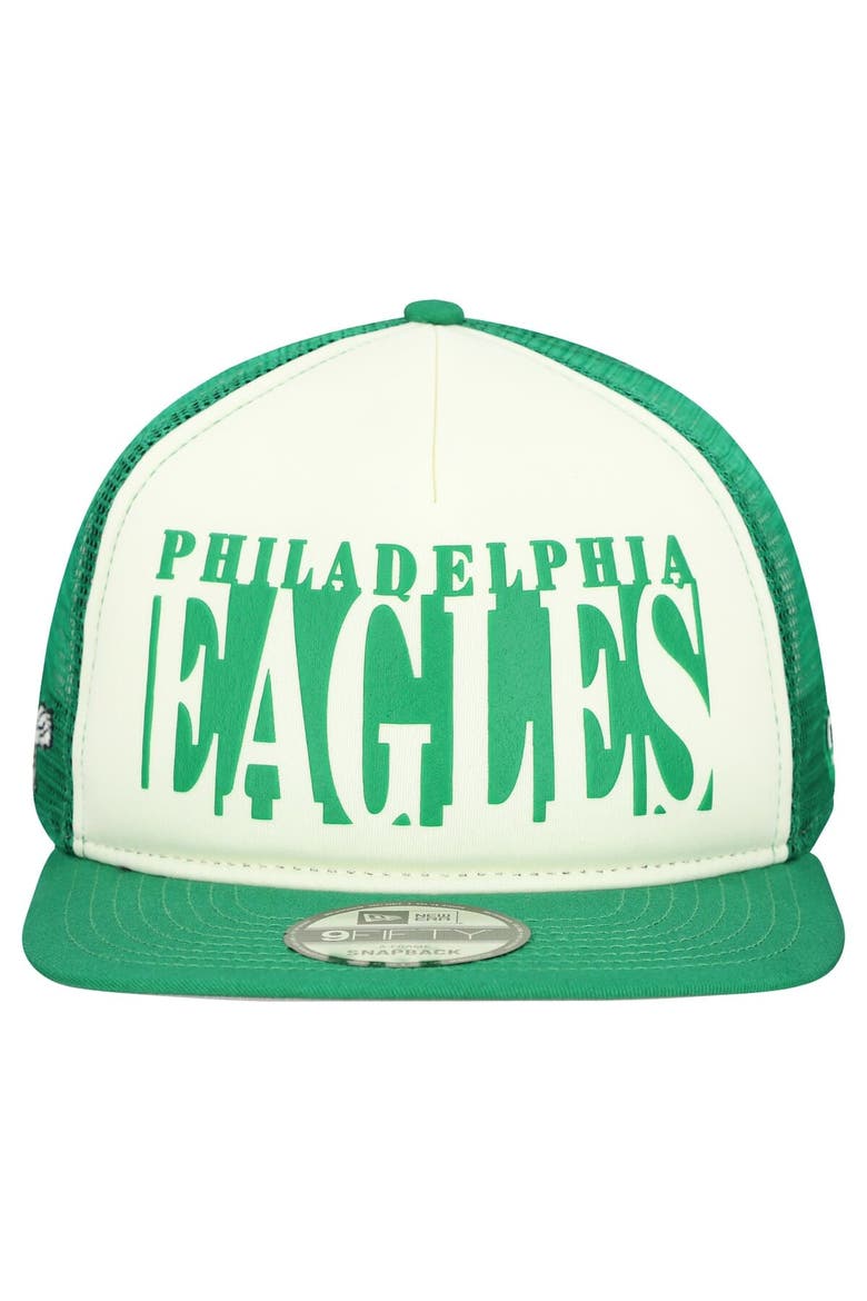 Men's New Era Cream/Kelly Green Philadelphia Eagles Throwback Cutout A-Frame 9FIFTY Snapback Hat, Alternate, color, Cream