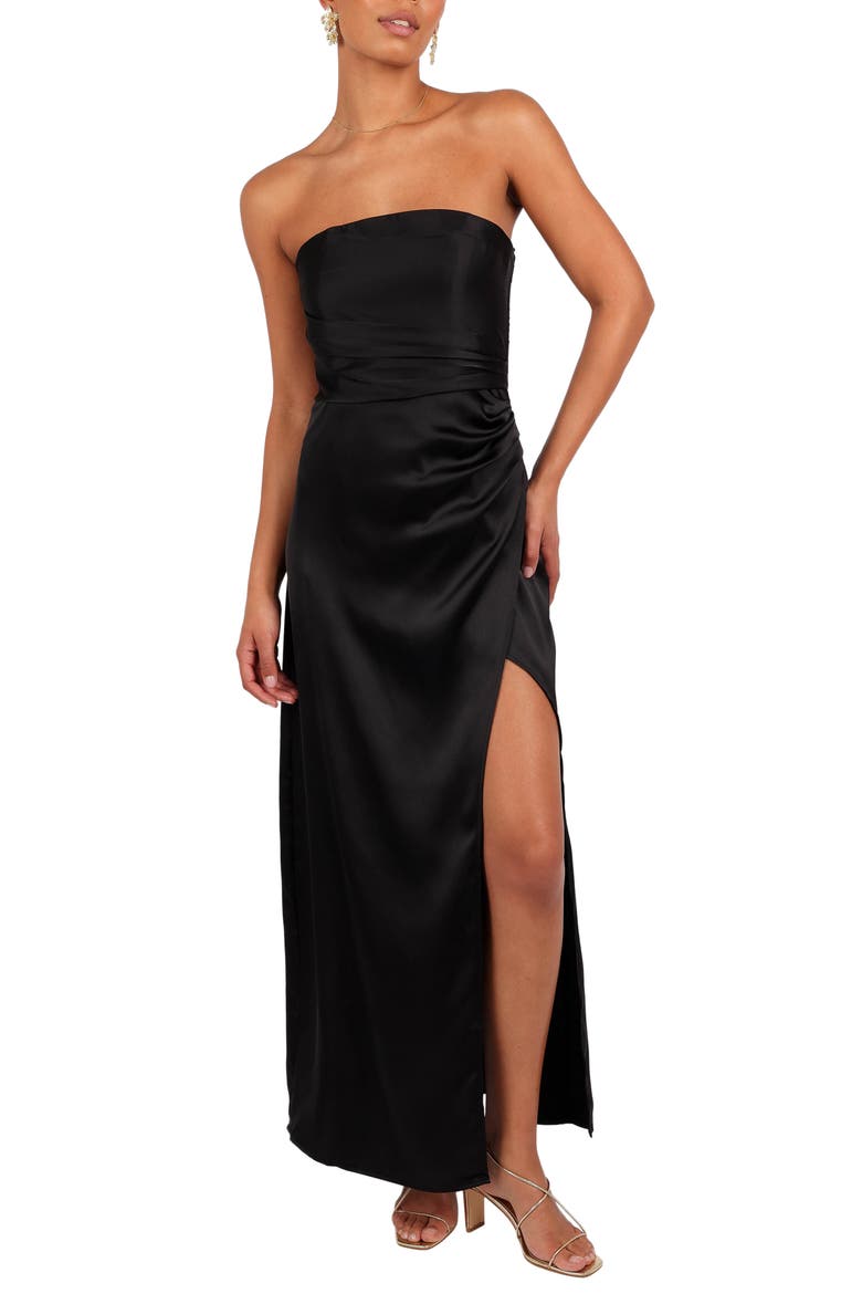 Kara Strapless Stretch Satin Gown, Main, color, BLACK