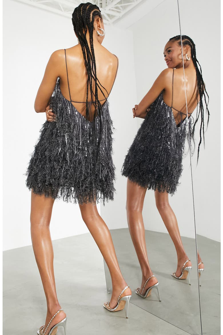Sequin & Faux Feather Minidress, Alternate, color, CHARCOAL